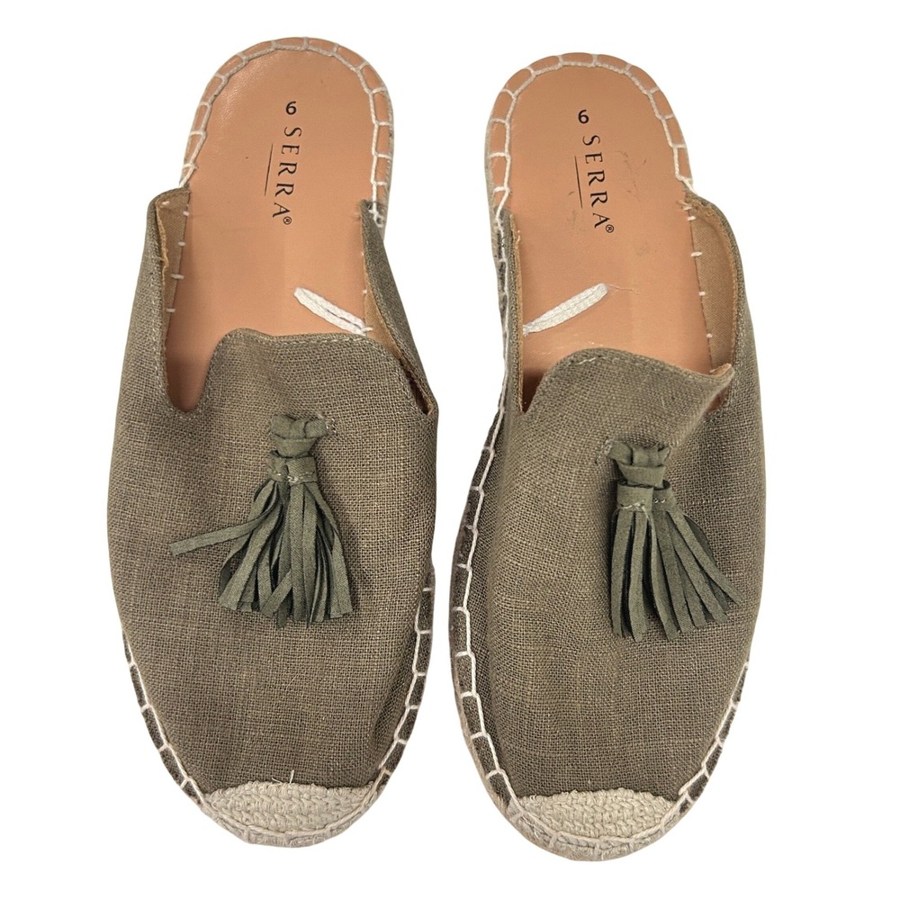 Serra Espadrille Mule Loafers 9 Olive Khaki Tassel Canvas Boho Coastal Resort